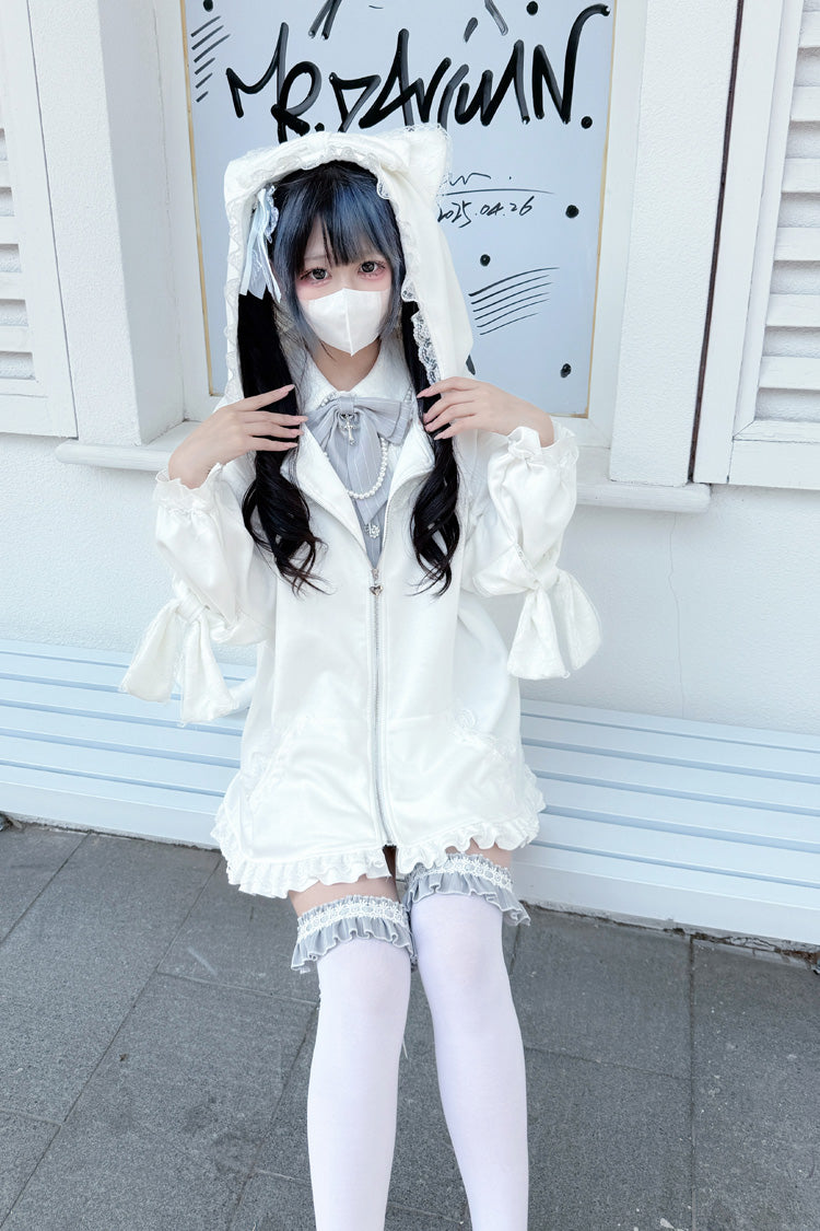 White Long Sleeves Cat Ears and Tail  Ruffle Bowknot Hooded Gothic Jirai Kei Coat