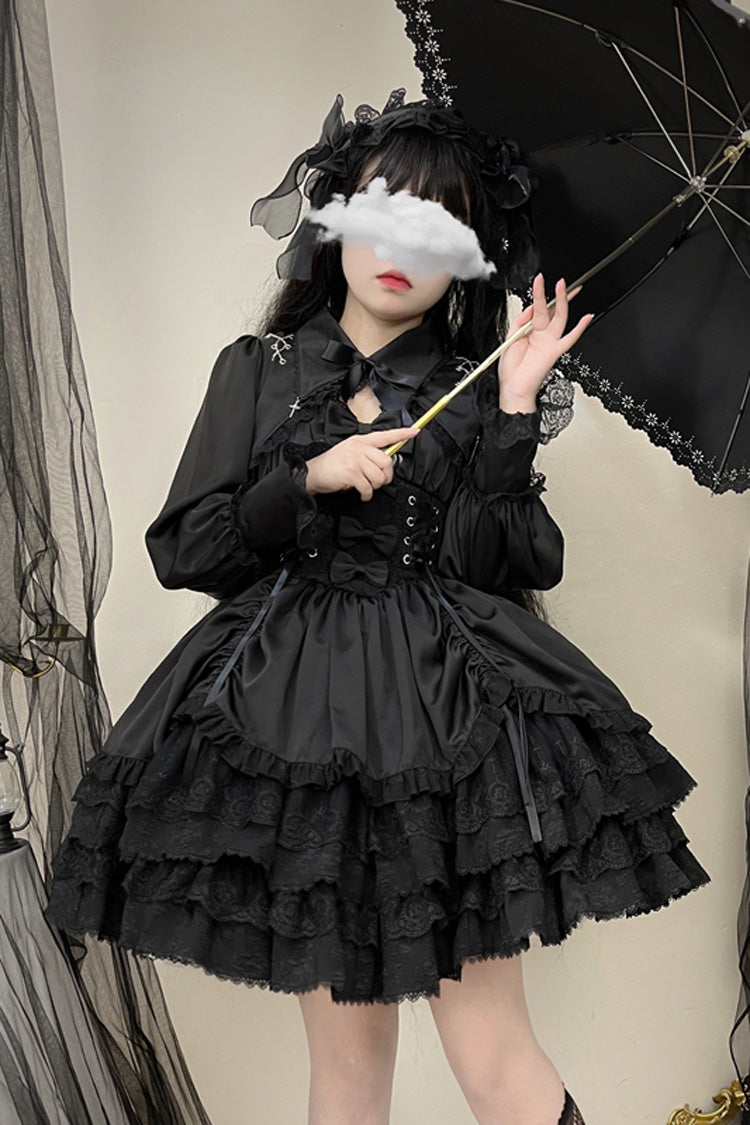 Black [Cross of Merit] Multi-Layered Bowknot Lace Gothic Lolita Jsk Dress