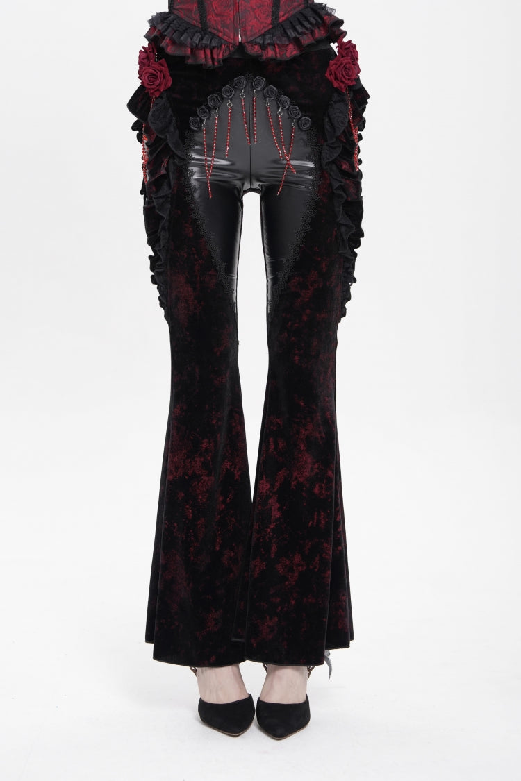 Black/Red  Ruffled Spliced Women's Gothic Floral Faux Leather&Velvet Ruffle Pants