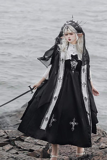 Black [Cross Nun] Stand Collar Off Shoulder Print Bowknot Gothic Elegant Lolita Dress