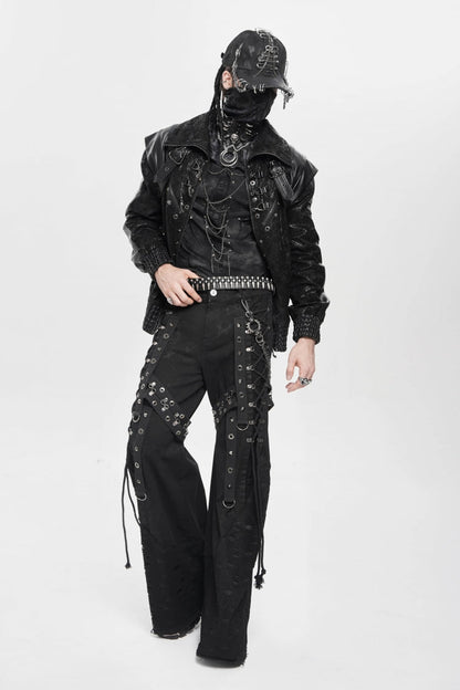 Black Spliced Lace-Up Mesh Ripped Men's Punk Baggy Pants