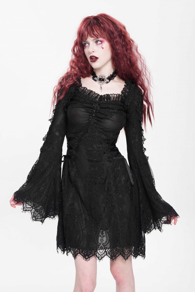Black Square Collar Long Trumpet Sleeves Embroidered Lace-Up Women's Gothic Dress
