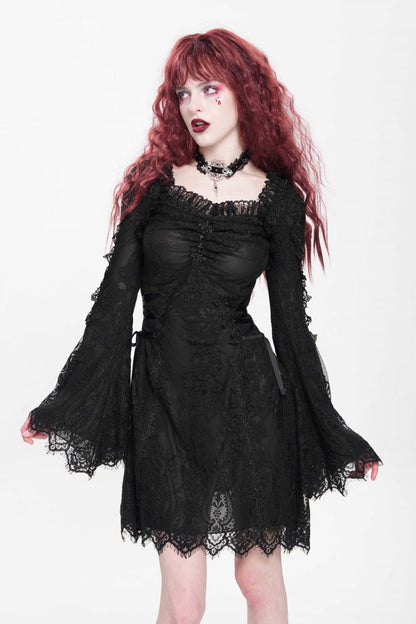 Black Square Collar Long Trumpet Sleeves Embroidered Lace-Up Women's Gothic Dress