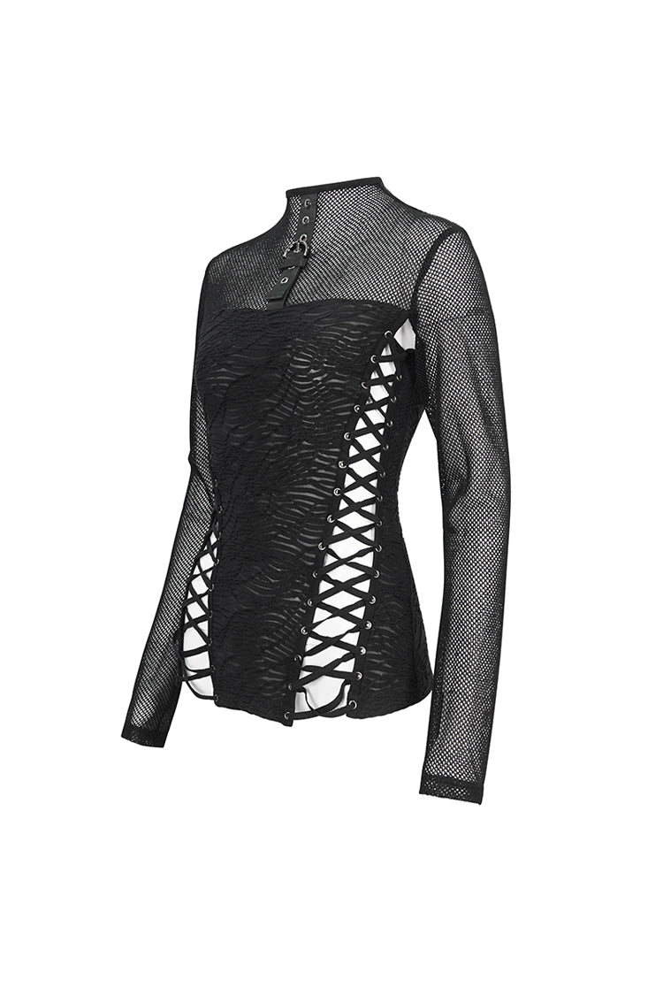 Black Strappy Mesh Splice Ruched Women's Punk Shirt