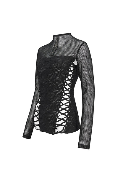 Black Strappy Mesh Splice Ruched Women's Punk Shirt