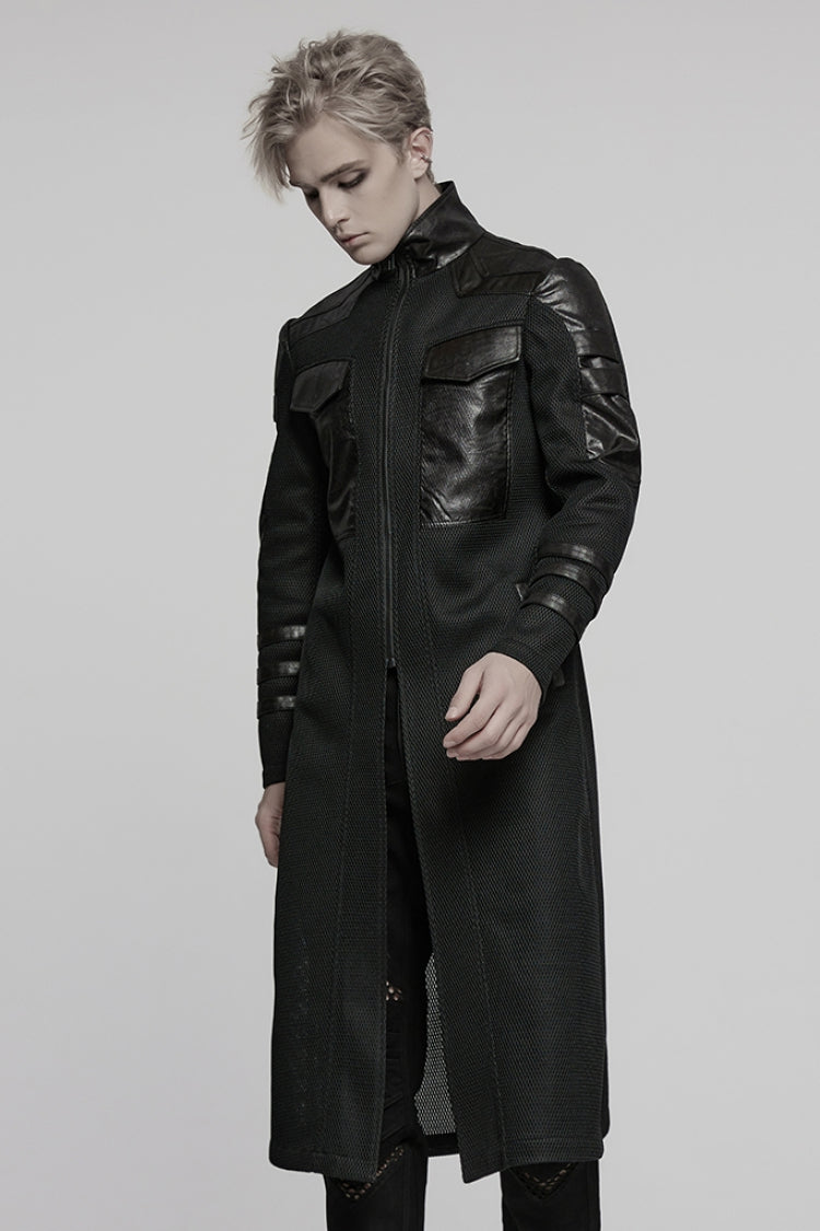 Black Stand Collar Long Sleeves Faux Leather Stitching Mesh Men's Punk Coat