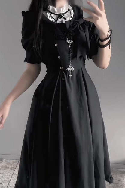 Black [Day & Night] Stand Collar Short Sleeves Ruffled Gothic Elegant Lolita Dress