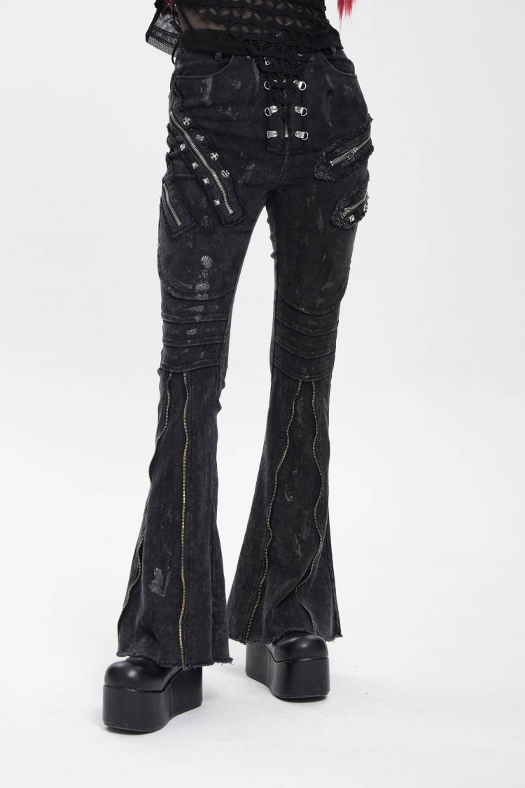 Black Zipper Pleated Women's Punk Flared Pants