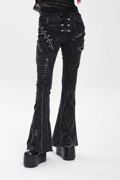Black Zipper Pleated Women's Punk Flared Pants