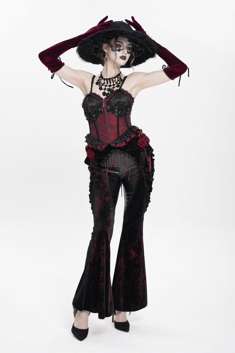 Black/Red  Ruffled Spliced Women's Gothic Floral Faux Leather&Velvet Ruffle Pants