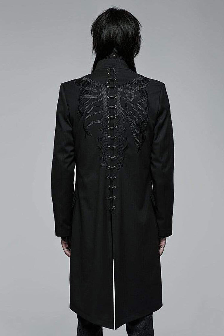 Black Punk Stand Collar Skeleton Embroidery Frenulum Metal Rivet Zippe Slim Fit Mid Length Men's Coat