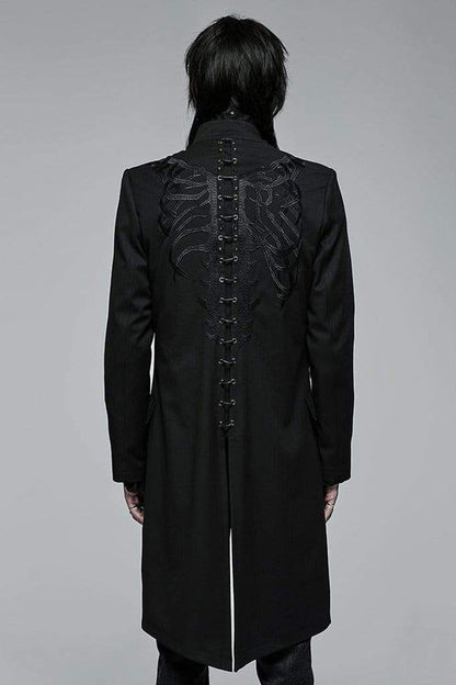 Black Punk Stand Collar Skeleton Embroidery Frenulum Metal Rivet Zippe Slim Fit Mid Length Men's Coat
