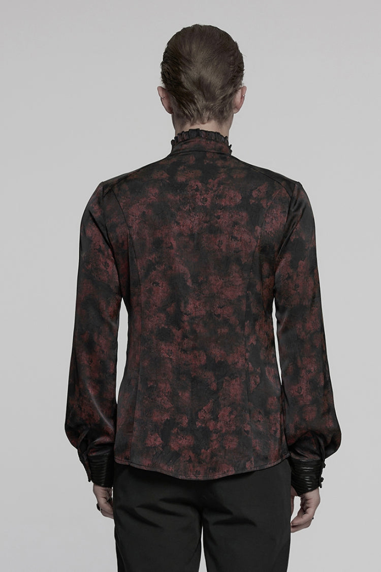 Black/Red Stand Collar Long Sleeves Ruffle Pleated Men's Gothic Blouse