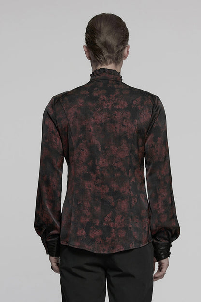 Black/Red Stand Collar Long Sleeves Ruffle Pleated Men's Gothic Blouse