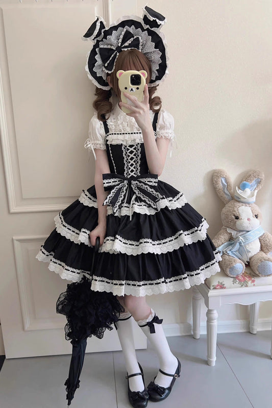 Black [Maiden Heart] Triple-Layered Ruffle Bowknot Lace Sweet Lolita Jsk Dress