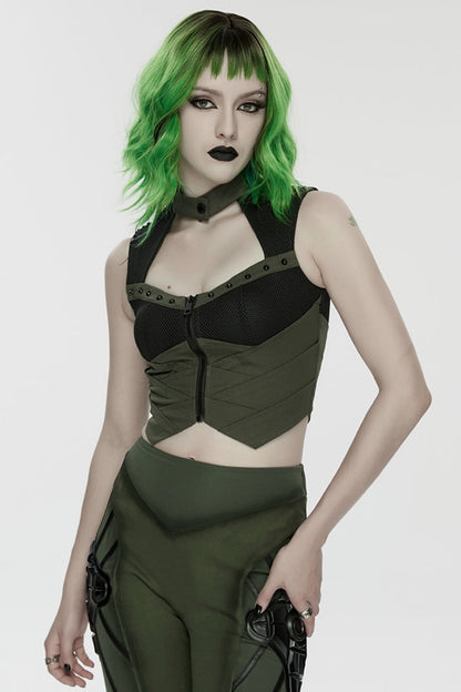 Black/Green Sleeveless Cut-Out Studded Mechanical Women's Punk Tank Top