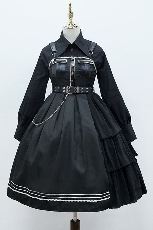 Dark V Neck Bowknot Rivets Epaulettes Sleeveless Military Uniform PU Gothic Lolita Jsk Dress