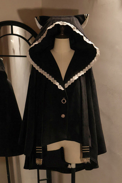 Black [Clock of Reincarnation Cycles] Cat Ears Magic Hooded Sweet Lolita Coat Cloak