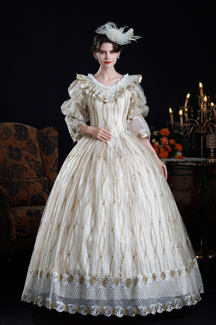 Champagne Long Puff Sleeves Ruffled Cut-Out Mesh Classic Vintage Palace Lolita Victorian Dress