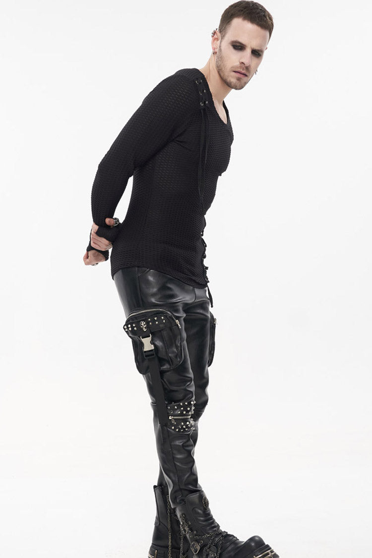 Black Punk Leather Metal Rivets Zipper Stereoscopic Side Pockets Men's Pants