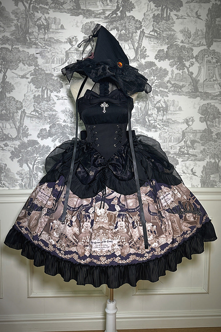 Black [The Mystery of The Doll] Halterneck Print Ruffle Bowknot Drawstring Gothic Lolita Dress