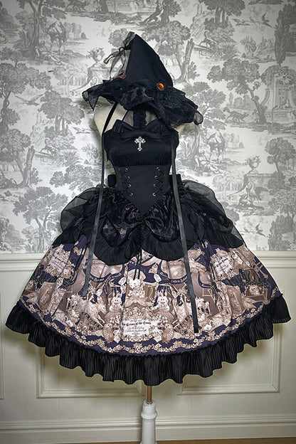 Black [The Mystery of The Doll] Halterneck Print Ruffle Bowknot Drawstring Gothic Lolita Dress