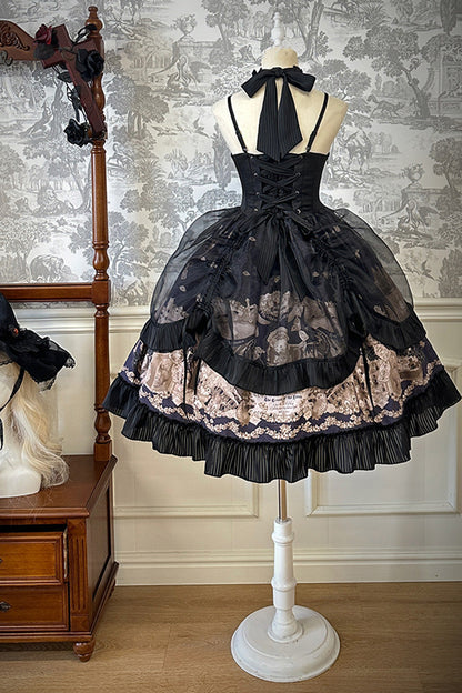 Black [The Mystery of The Doll] Halterneck Print Ruffle Bowknot Drawstring Gothic Lolita Dress