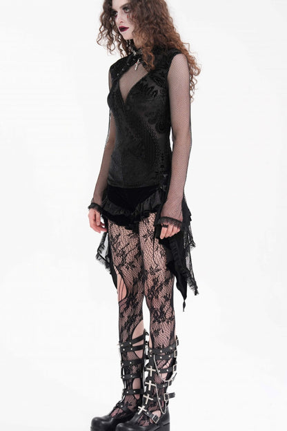 Black Stand Collar Hollow Embroidery Lace Women's Gothic Blouse