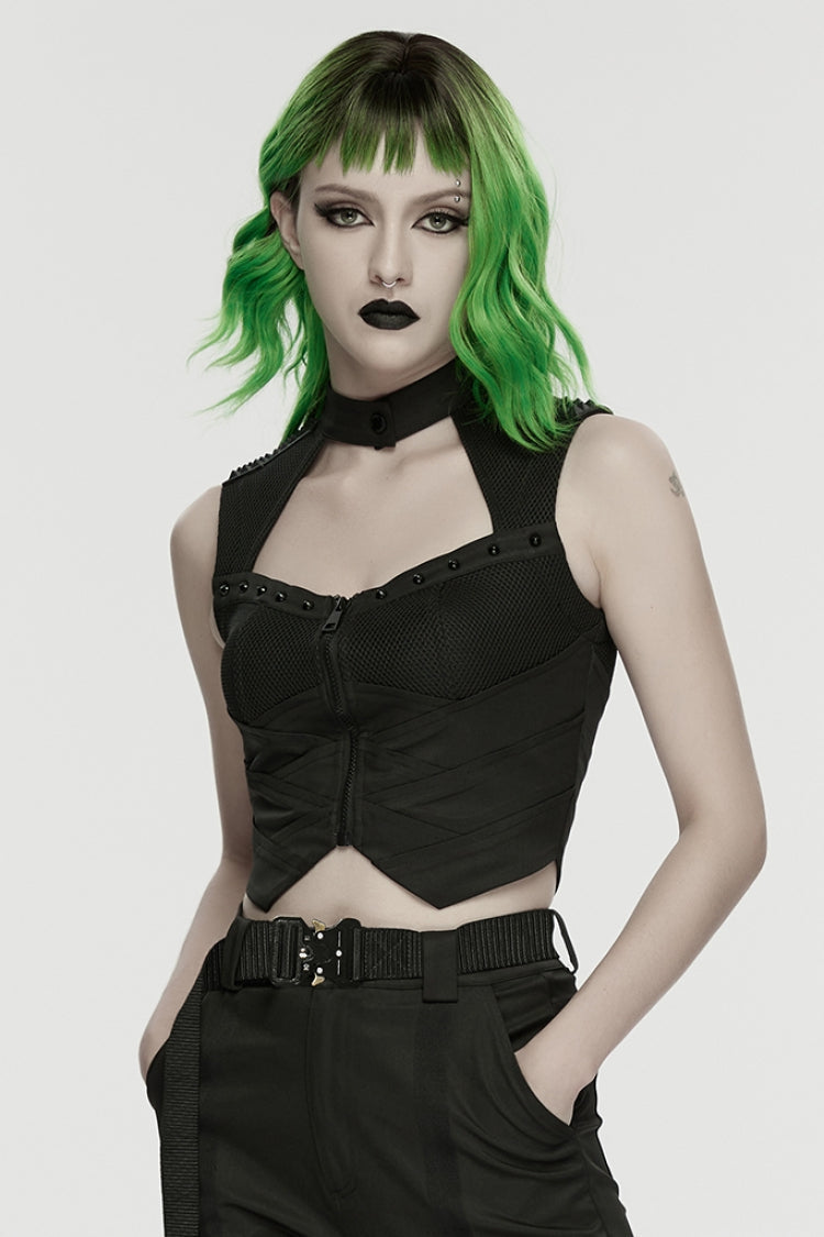 Black Sleeveless Cut-Out Studded Mechanical Women's Punk Tank Top