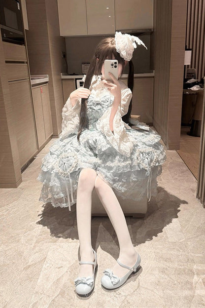 Blue [Sweetheart Diary] Multi-Layered Ruffle Hanayome Embroidery Bowknot Lace Sweet Lolita Jsk Dress