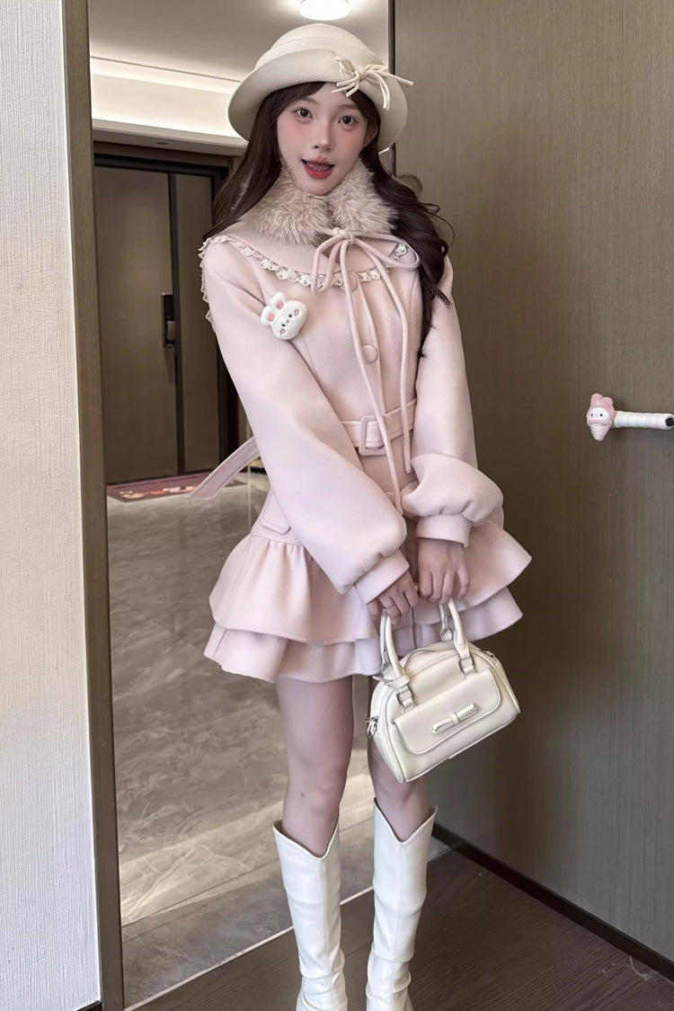 Pink [Berry Champagne] Doll Collar Long Sleeves Double-Layered Ruffled Sweet Princess Lolita Wool-blend Coat