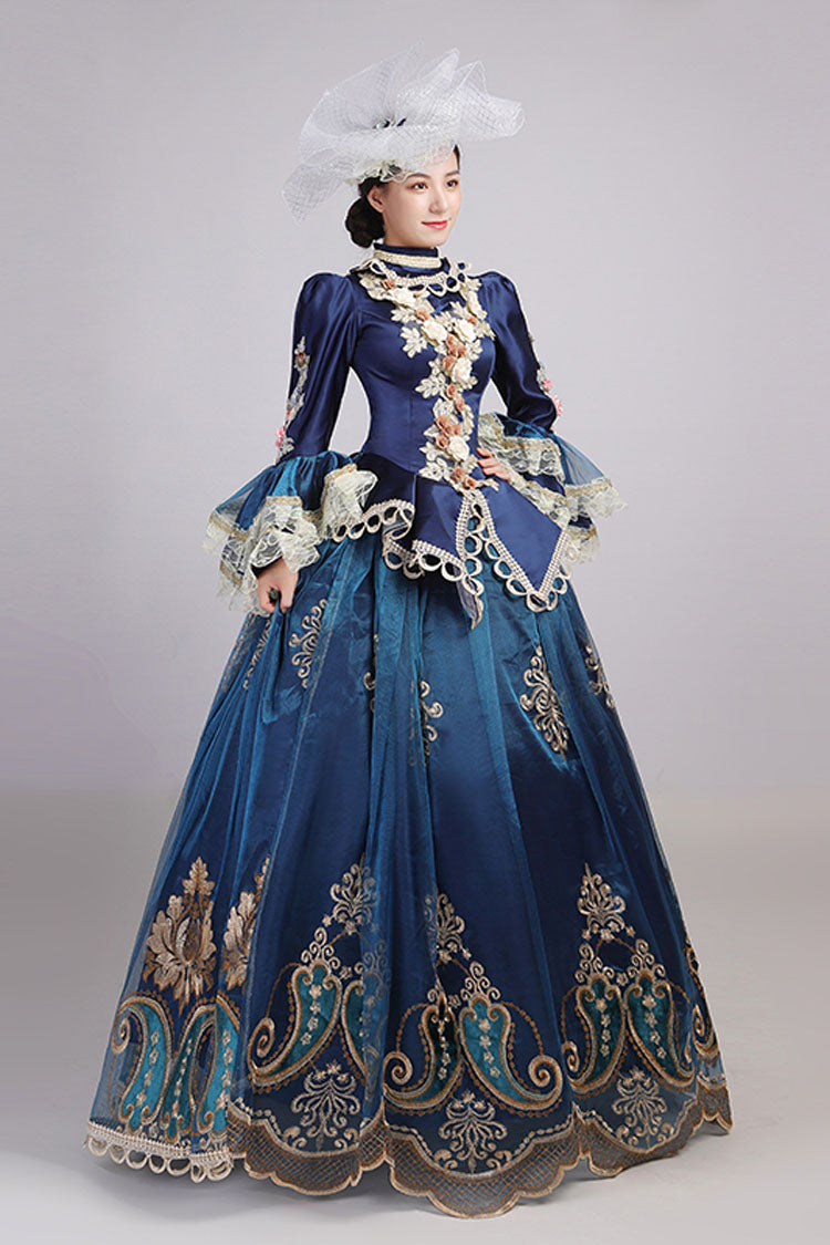 Blue Trumpet Sleeves High Waisted Three Dimensional Flower Hollow Embroidery Print Victorian Lolita Prom Dress