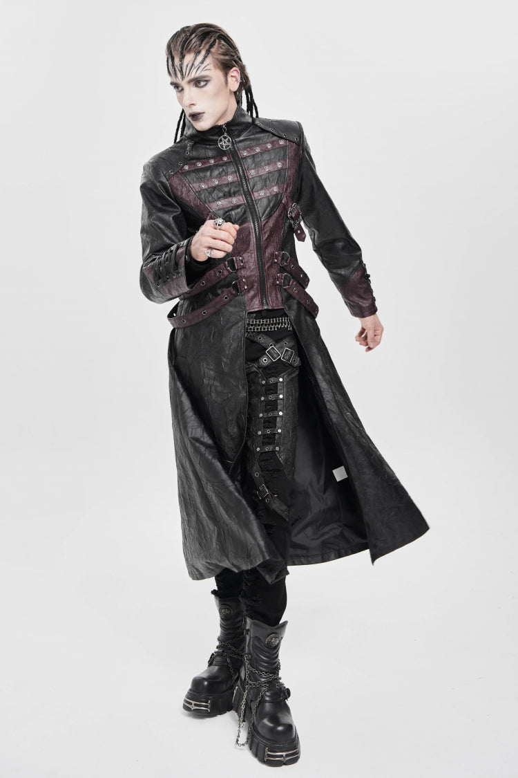 Black/Red Stand Collar Zipper Straps Eyelet Men's Punk Coat