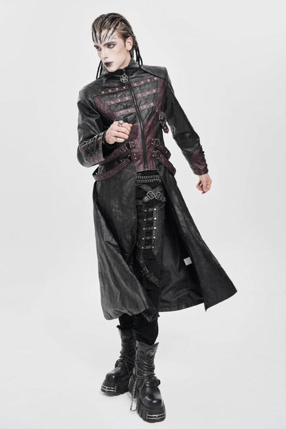 Black/Red Stand Collar Zipper Straps Eyelet Men's Punk Coat