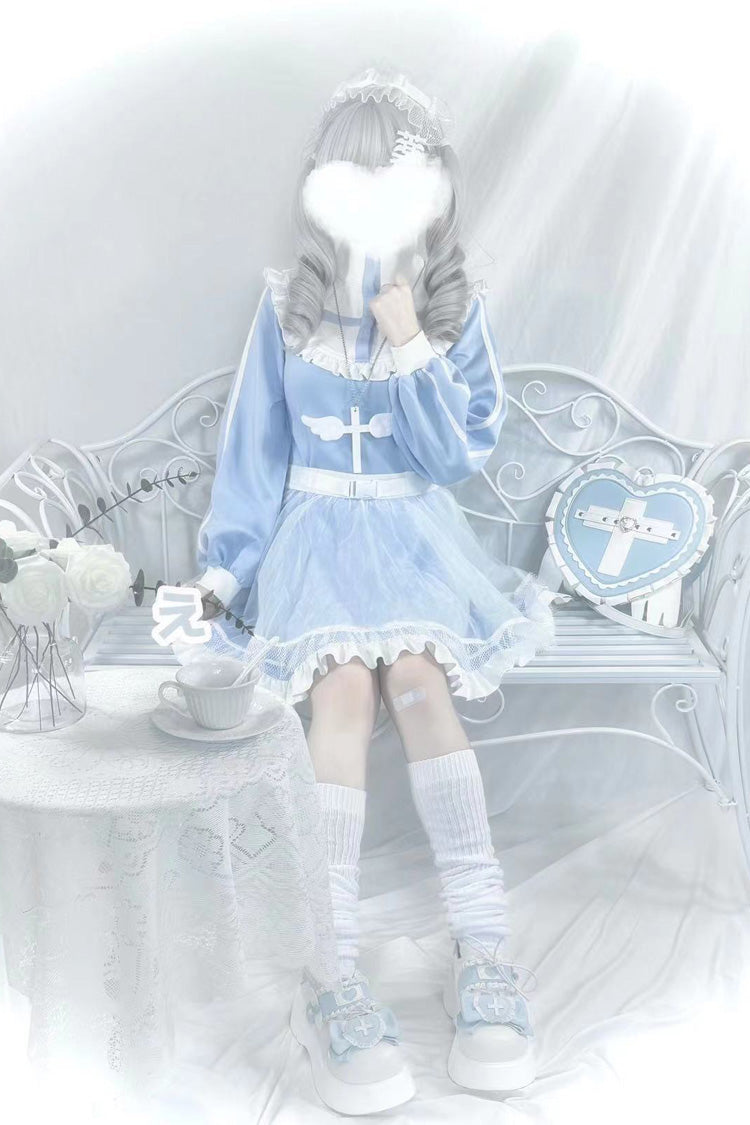 Blue Cross Angel Long Sleeves Ruffle Sweet Jirai Kei Japanese Dress
