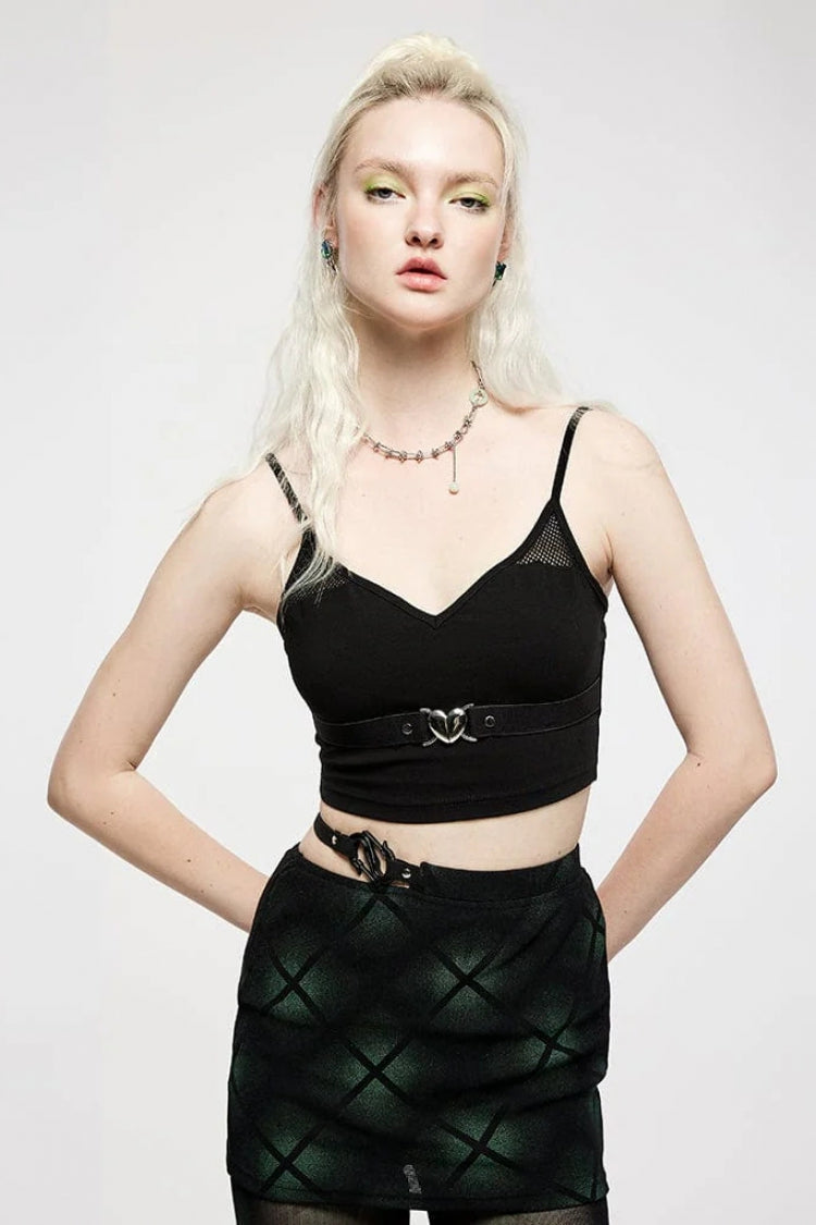 Black Short Sleeves Metal Heart Buckle Strap Slim Women's Punk Vest