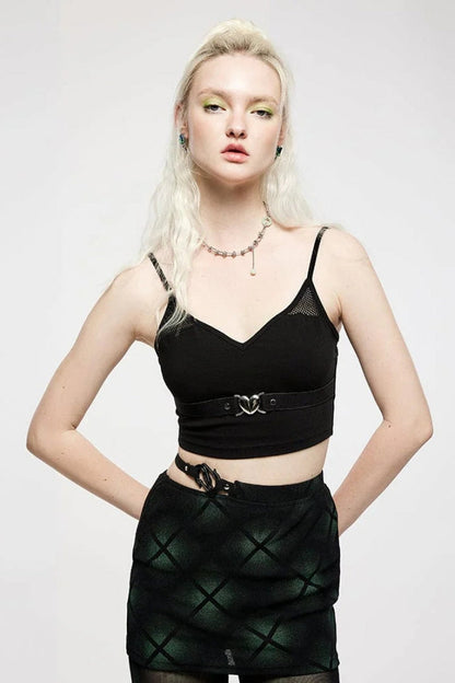Black Short Sleeves Metal Heart Buckle Strap Slim Women's Punk Vest