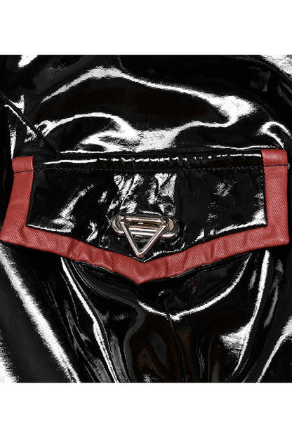 Black/Red Patent Leather Lapel Pleated Slim Fit Faux Leather Long Sleeve Punk Women's Jacket