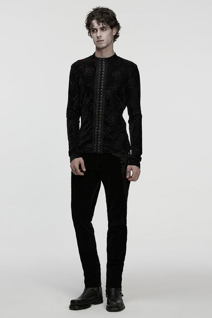 Black Stand Collar Long Sleeves Rose Embossed Lace-Up Zippered Men's Gothic Top