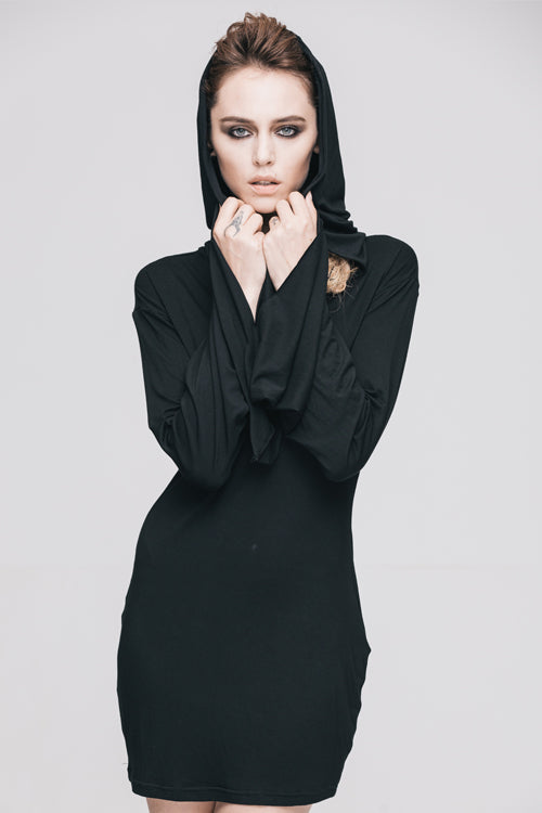 Black Punk Flared Sleeve Hooded Knit Womens Dress
