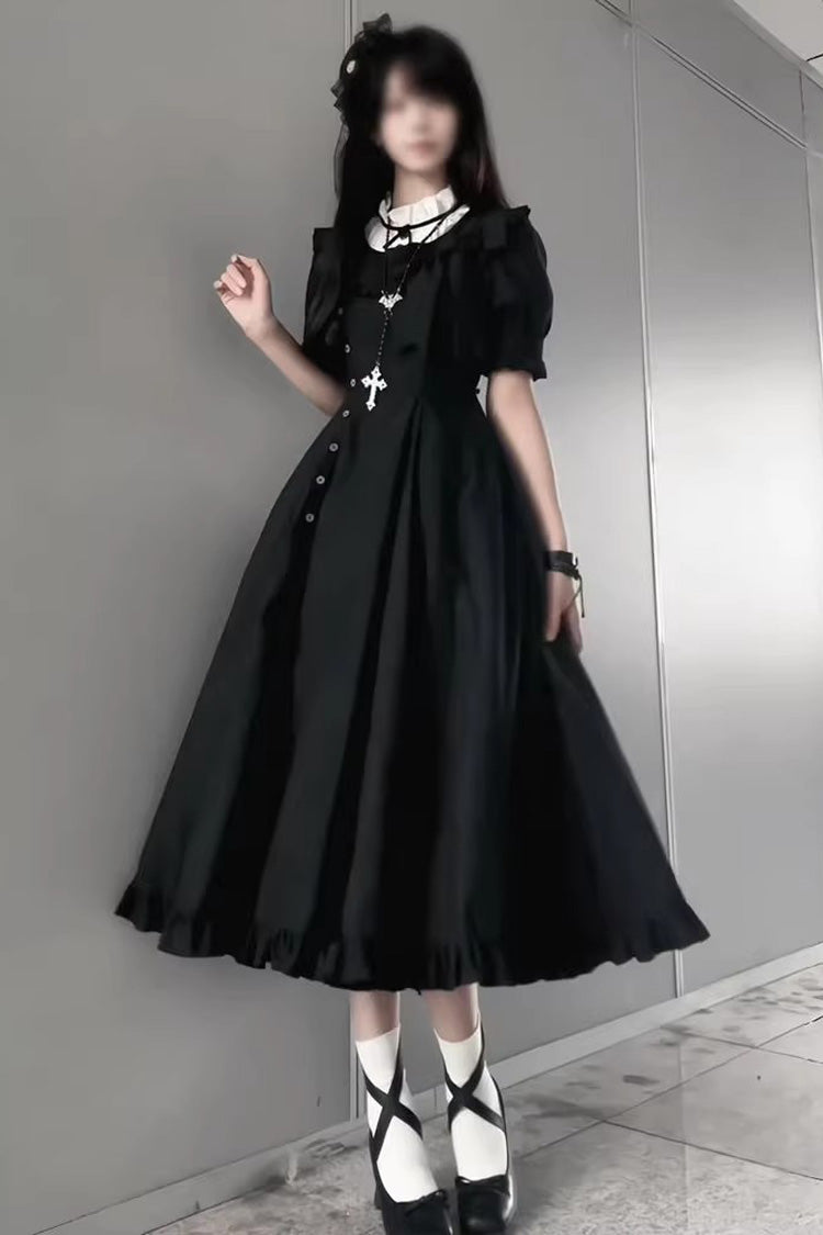 Black [Day & Night] Stand Collar Short Sleeves Ruffled Gothic Elegant Lolita Dress