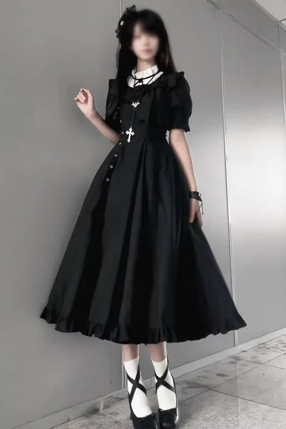 Black [Day & Night] Stand Collar Short Sleeves Ruffled Gothic Elegant Lolita Dress
