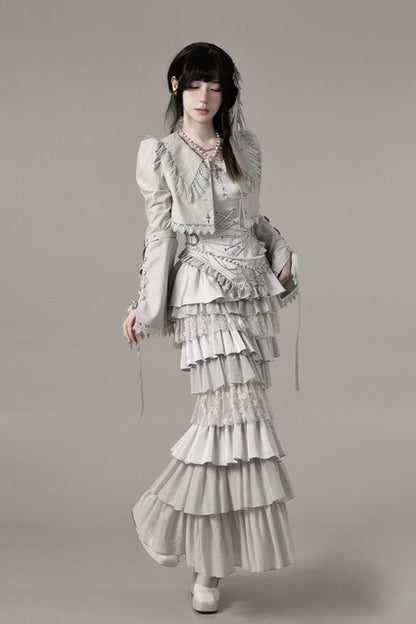 Solid Color [Bionic Doll] Square Collar Multi-Layered Ruffle Bowknot Lace-Up Gothic Lolita Fishtail Skirt Corset Set