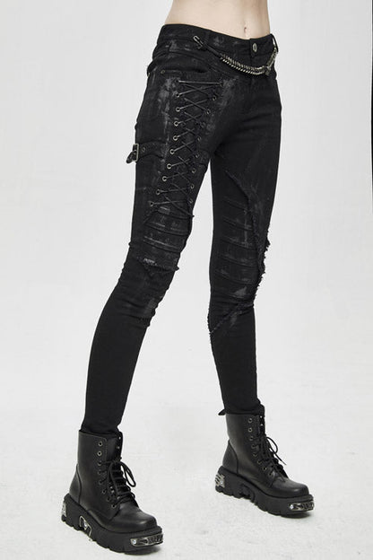 Black Punk Hand Painted Laced Up Legs Cool Womens Pants