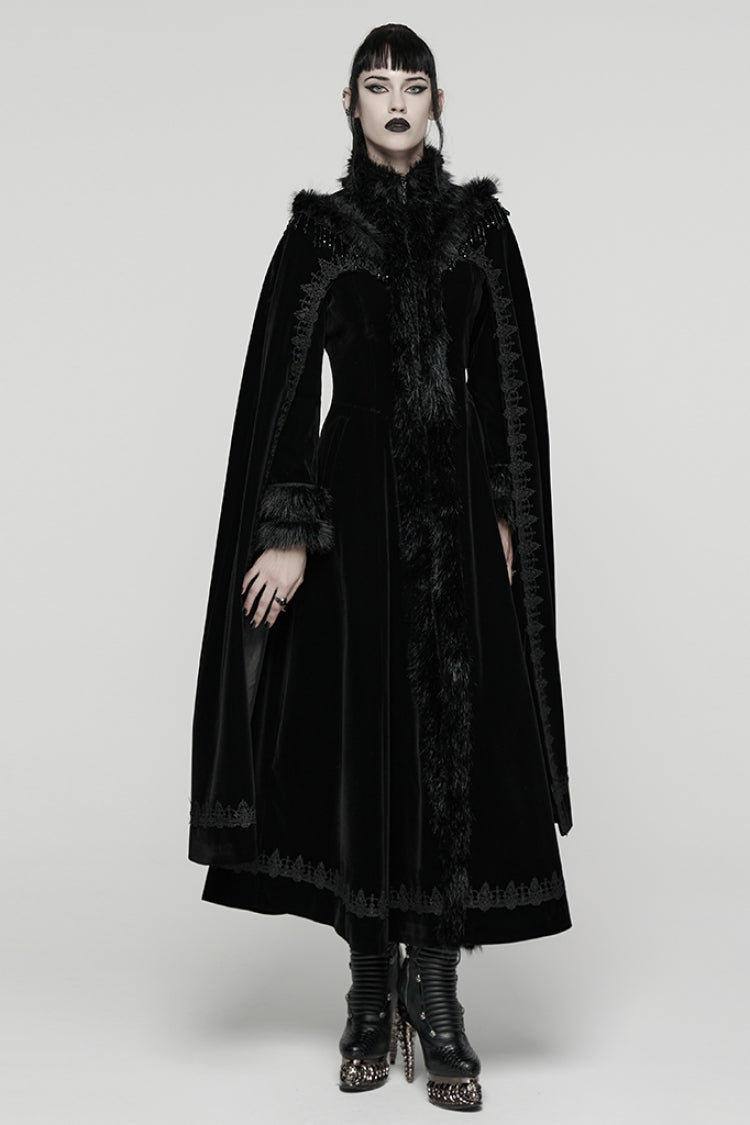 Black Stand Collar Embroidered Lace-Up Women's Gothic Coat