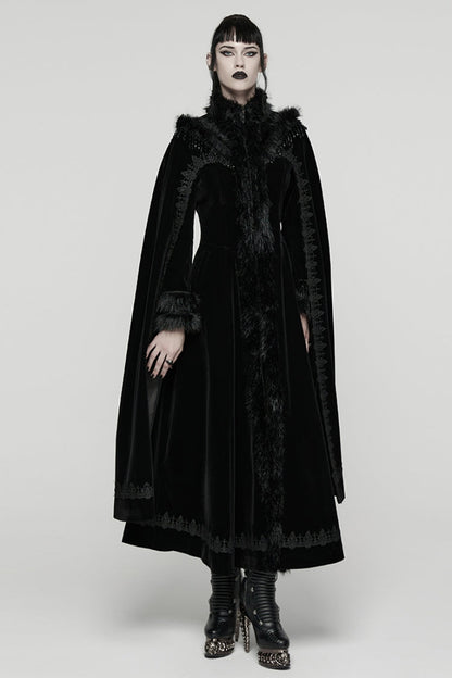 Black Stand Collar Embroidered Lace-Up Women's Gothic Coat