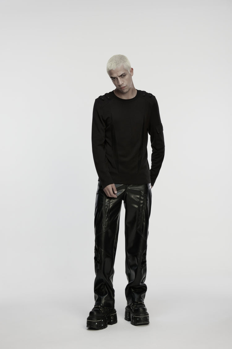 Black Zippered Eyelet Men's Punk Faux Leather Pants