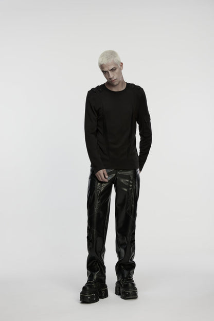 Black Zippered Eyelet Men's Punk Faux Leather Pants