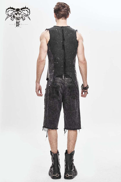 Black V-Neck Sleeveless Ripped Buckle Straps Men's Gothic Vest
