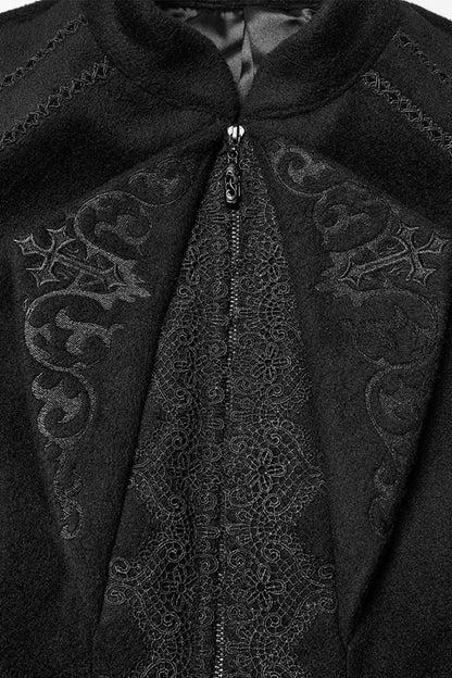 Black Stand Collar Long Sleeves Embroidered Lace-Up Zippered Women's Gothic Jacket
